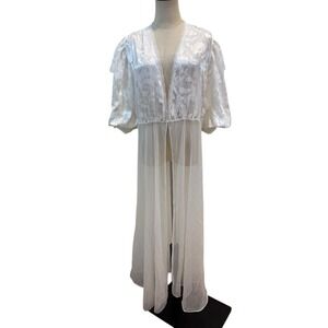 Vtg 70s Val Mode Sheer White Peignoir Robe Puff Sleeves Lace Bridal Lingerie